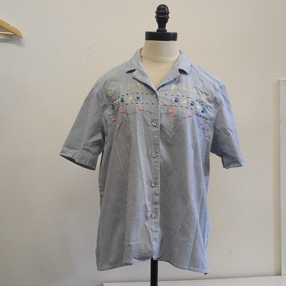 Alfred‎ Dunner striped button down with tropical beach embroidery - Picture 1 of 5